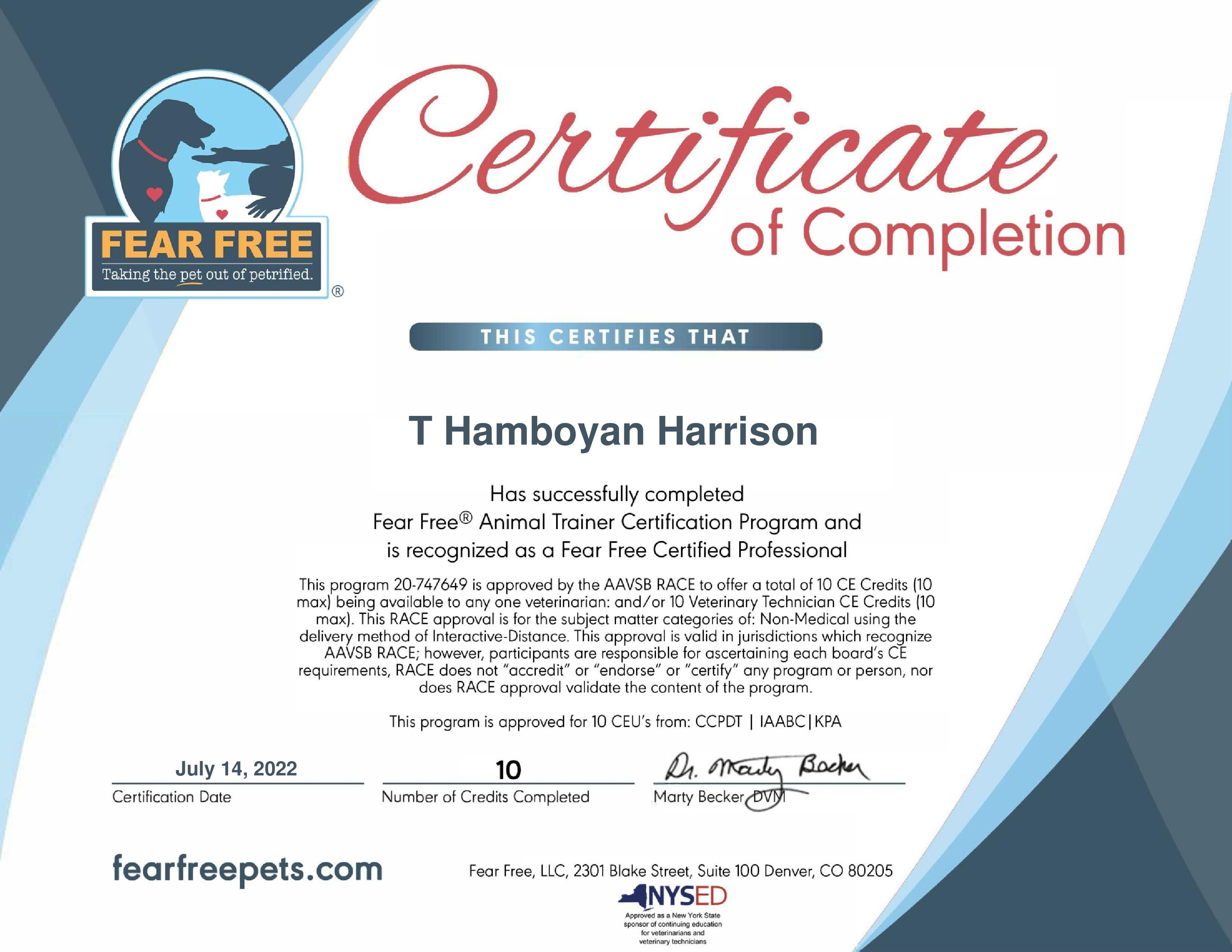 Fear Free Certified Professional certificate