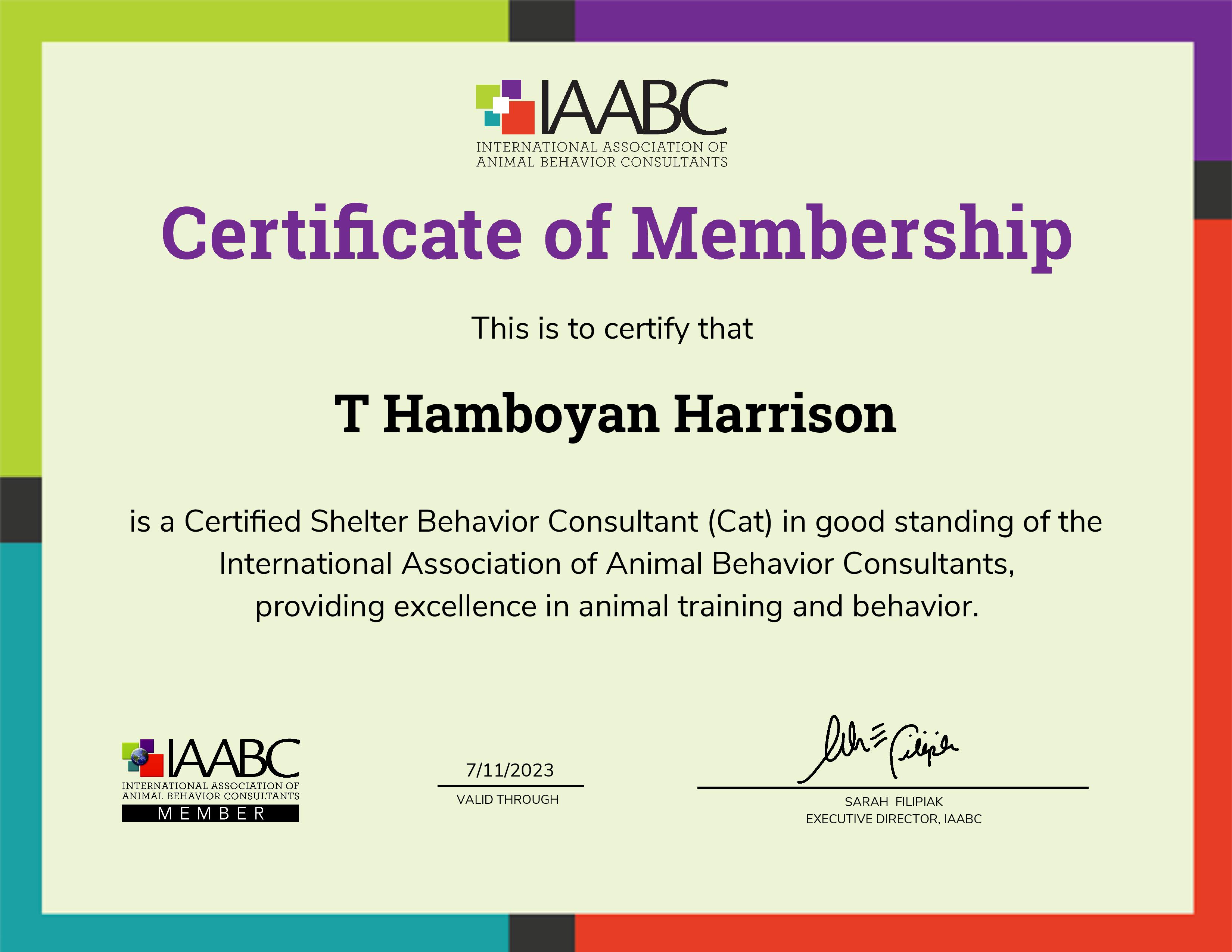 IAABC Associate Certified Shelter Behavior - Cat certificate